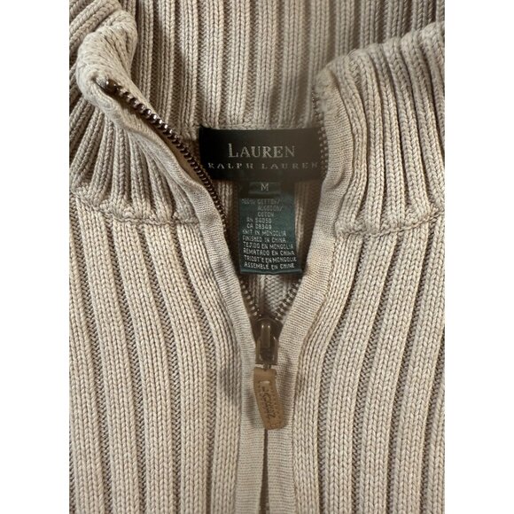 Lauren Ralph Lauren M Beige Rib Knit Cotton Cardigan Sweater Classic Heritage - Picture 3 of 12